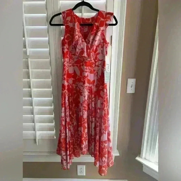 New with tags Eliza J Handkerchief Hem Midi Orange & Lilac dress - Picture 3 of 8